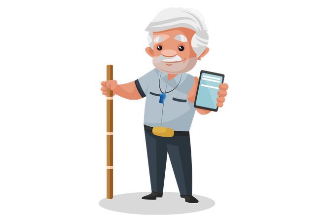 Security man holding mobile and wooden stick  Illustration