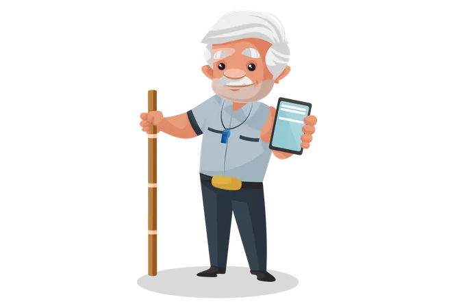 Security man holding mobile and wooden stick  Illustration