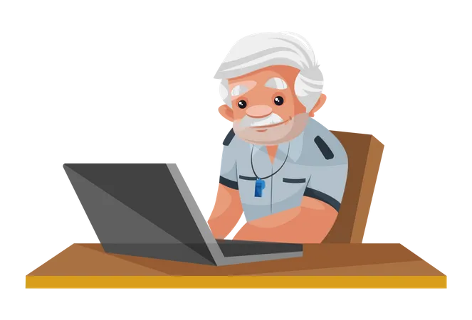 Security person monitoring CCTV cameras on laptop Illustration
