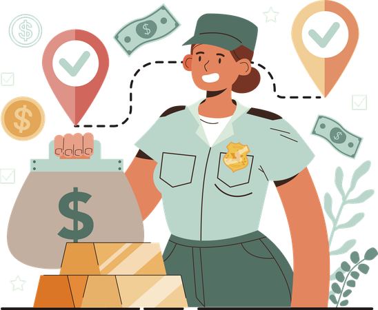 Security woman checks gold bars at door  Illustration