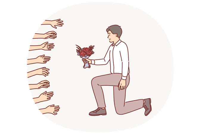 Seductive man with bouquet of flowers  popular with women want to date lavilas  Illustration