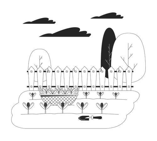 Seedlings basket and shovel in kitchen garden  Illustration