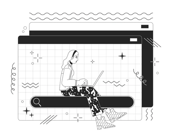 Seeking Data Online 2 D Linear Illustration Concept Woman Searching Information Via Laptop Cartoon Outline Character Isolated On White Web Sources Usage Metaphor Monochrome Vector Art Illustration