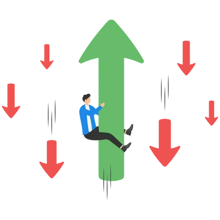 Seeking Opportunity To Grow Even In Economic Crisis Business Flair To Survive Investment Vision And Risk Management Concept Businessman Clinging To Up Arrow Among Down Arrow Around Illustration