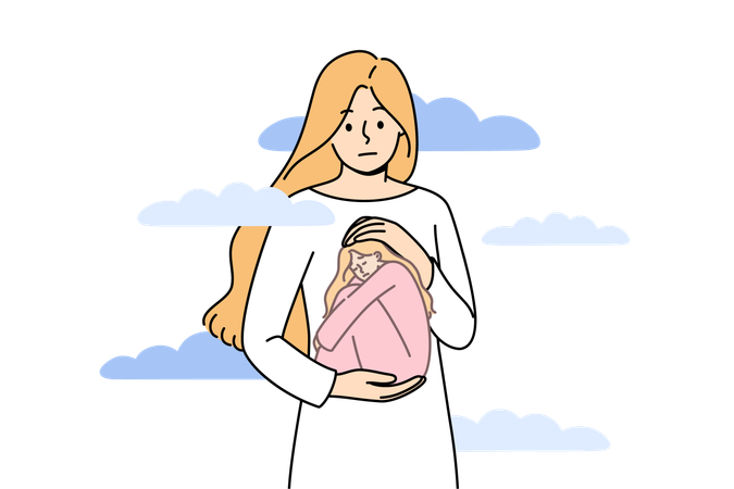 Psychischer Schmerz und Leiden bei einer verärgerten jungen Frau, während sie das Gefühl hat, ein weinendes Mädchen in ihrer eigenen Seele zu sein  Illustration