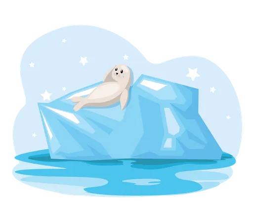 Seerobbe sitzt auf schmelzendem Gletscher  Illustration