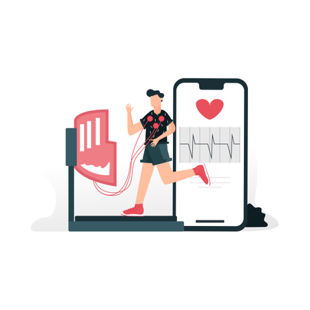 Seguimiento de fitness y latidos del corazón con un dispositivo inteligente mientras el hombre hace ejercicio en la cinta de correr  Ilustración