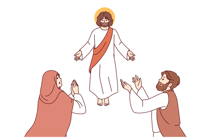 Segunda vinda de Jesus da religião cristã faz os crentes orarem e assistirem o voo de Deus  Ilustração
