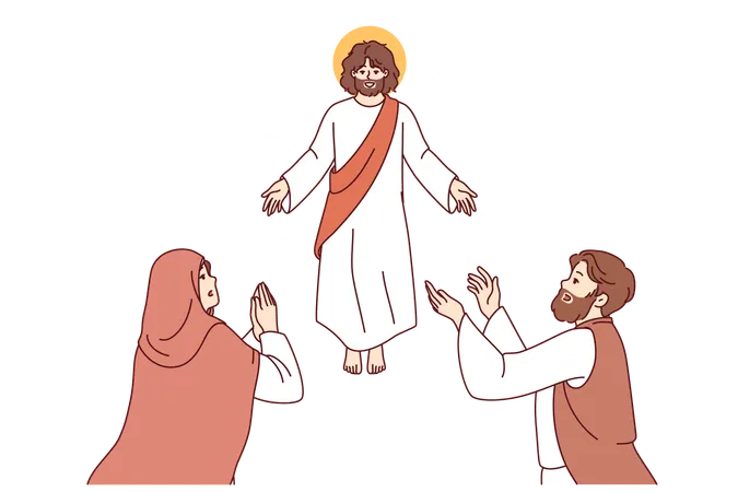 Segunda vinda de Jesus da religião cristã faz os crentes orarem e assistirem o voo de Deus  Ilustração