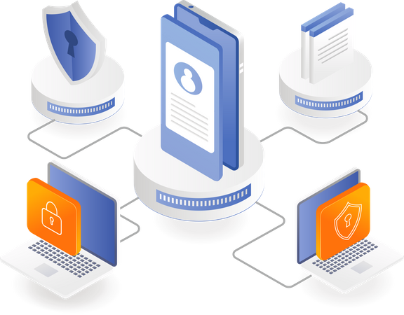 Segurança de data centers de computadores e smartphones  Ilustração