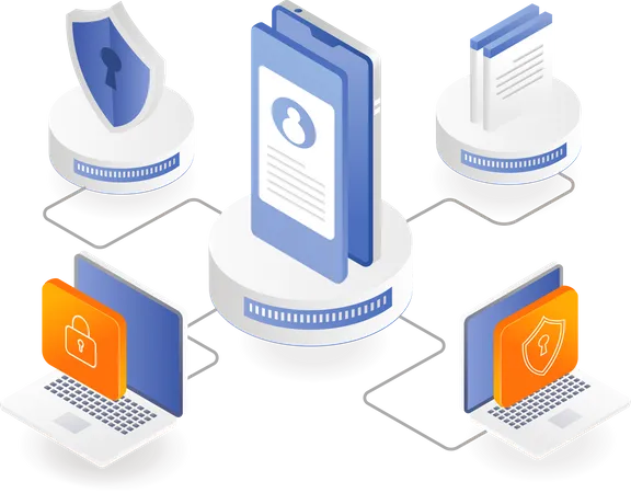 Segurança de data centers de computadores e smartphones  Ilustração