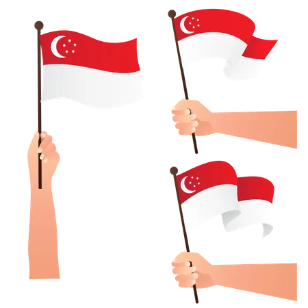 Mão segurando bandeiras nacionais de Singapura  Ilustração