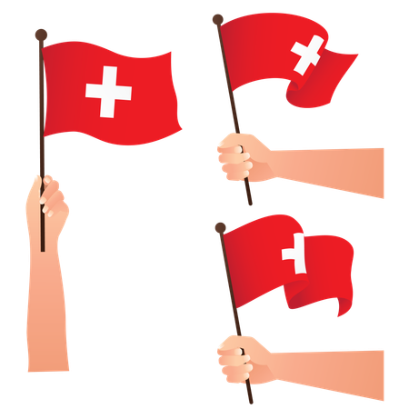 Mão segurando bandeiras nacionais suíças  Ilustração