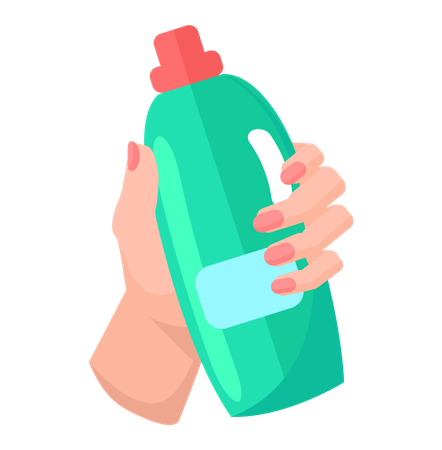 Segurando uma garrafa plástica verde de substância anti-séptica  Ilustração
