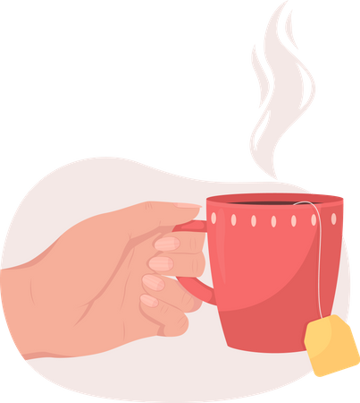 Mão segurando uma xícara quente de chá verde  Ilustração