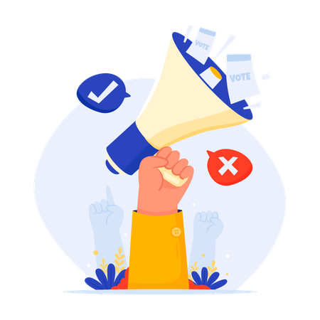 Mão segurando megafone para campanha de votação pública  Ilustração