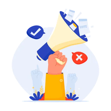 Mão segurando megafone para campanha de votação pública  Ilustração