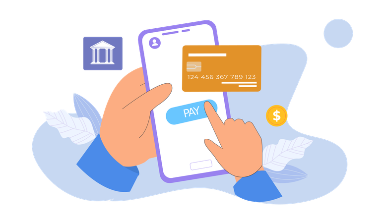 Mão segurando celular enquanto faz pagamento com cartão online  Illustration