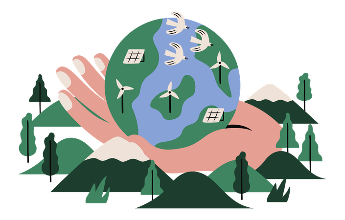 Mão segurando o globo em conceito ecológico  Ilustração