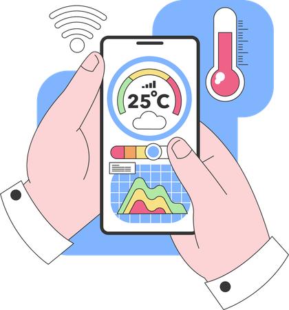 Mão segurando um smartphone exibindo dados meteorológicos  Ilustração