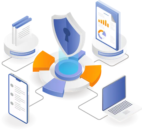 Seguridad del centro de datos de computadoras y teléfonos inteligentes  Ilustración