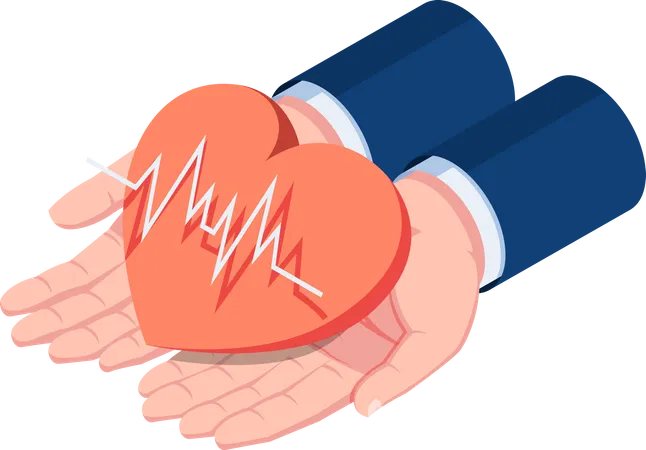 Mano De Hombre De Negocios Isometrica 3 D Plana Sosteniendo Corazon Rojo Con Electrocardiografia ECG O Linea EKG Concepto De Cardiologia O Seguro Medico Ilustración