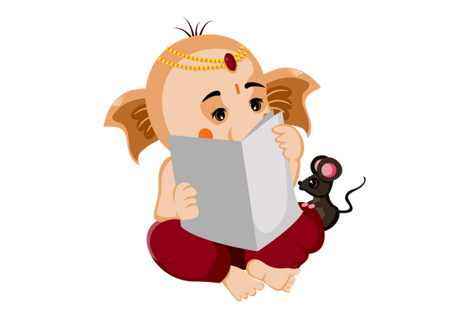 Seigneur Ganesha lisant un livre avec la souris  Illustration