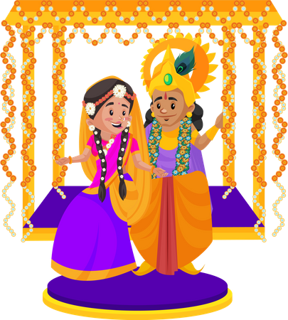 Seigneur Krishna assis sur une balançoire avec les déesses Radha  Illustration