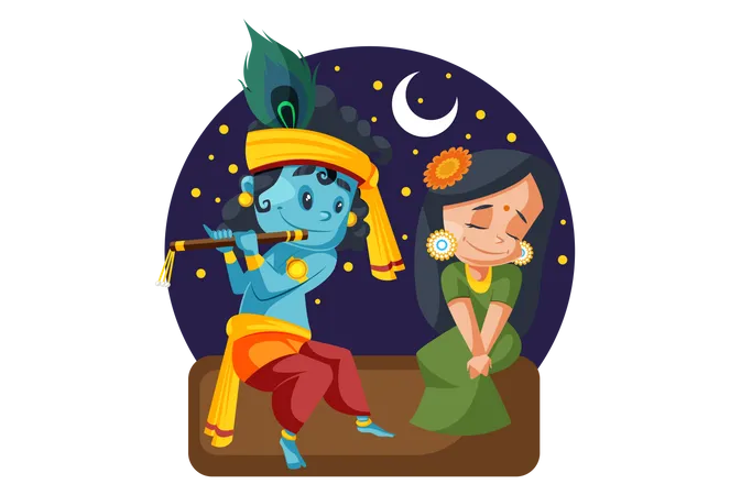 Seigneur Krishna jouant de la flûte avec Radhe la nuit  Illustration
