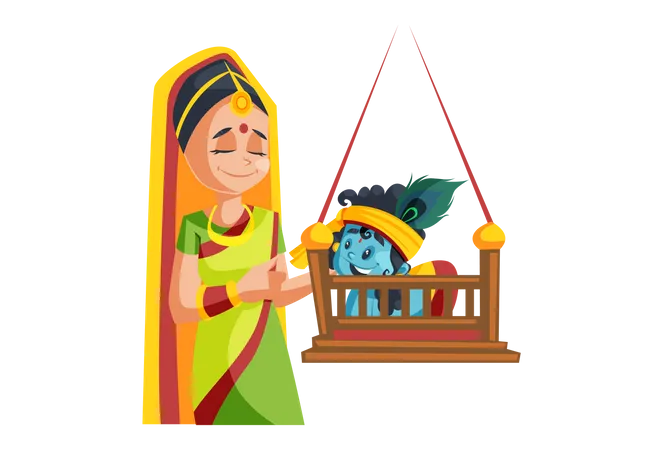 Seigneur Krishna jouant avec sa mère sur une balançoire  Illustration