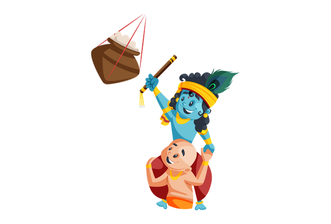 Le Seigneur Krishna vole du beurre dans un pot suspendu avec frère Balram  Illustration