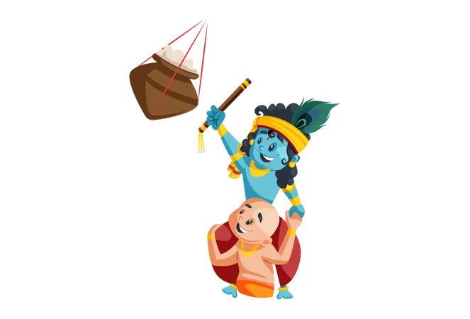 Le Seigneur Krishna vole du beurre dans un pot suspendu avec frère Balram  Illustration