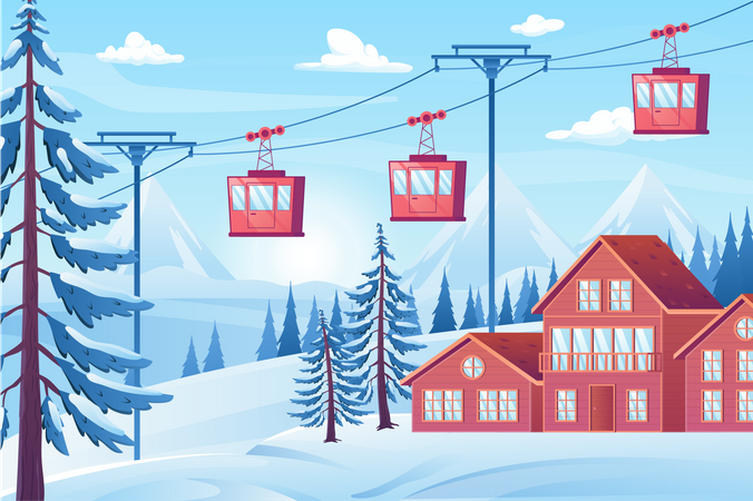 Seilbahn auf schneebedeckte Berge  Illustration