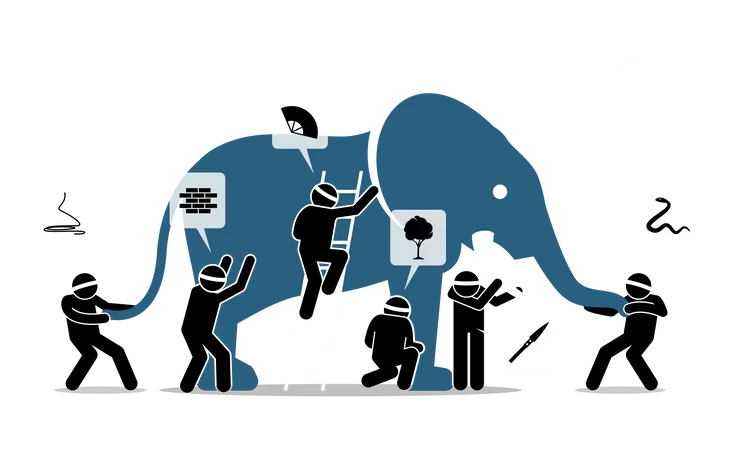 Seis Cegos Tocando Um Elefante Ilustracoes Vetoriais Retratam Seis Pessoas Vendadas Com Diferentes Percepcoes Impressoes Ideias Opinioes Crencas E Interpretacoes Em Relacao A Um Elefante Ilustração