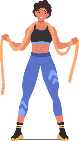 Starke Bodybuilderin hält während Fitness-Routine schwere Battle Ropes  Illustration