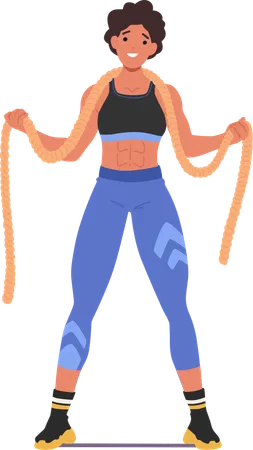 Starke Bodybuilderin hält während Fitness-Routine schwere Battle Ropes  Illustration