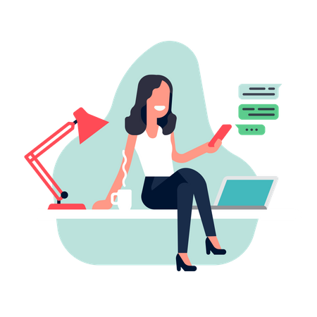 Selbstbewusste Büroangestellte Frau sitzt oben auf dem Schreibtisch und checkt Textnachrichten auf dem Telefon  Illustration