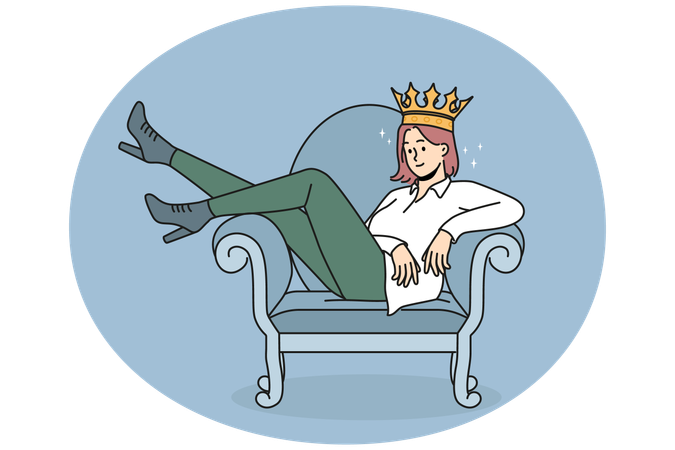 Selbstbewusste Frau mit Krone auf Stuhl sitzend  Illustration