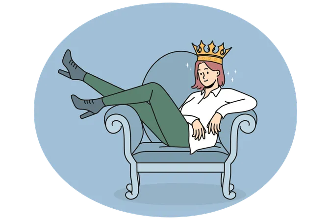 Selbstbewusste Frau mit Krone auf Stuhl sitzend  Illustration