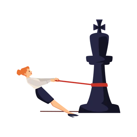 Zuversichtlich Geschäftsfrau ziehen riesige Schachfigur  Illustration