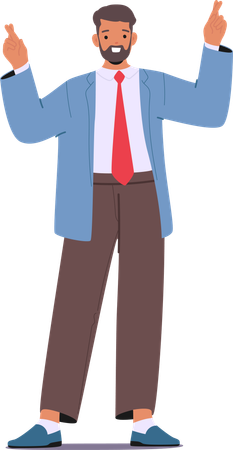 Selbstbewusster Geschäftsmann mit gekreuzten Fingern, blauem Blazer und roter Krawatte in positiver Pose  Illustration