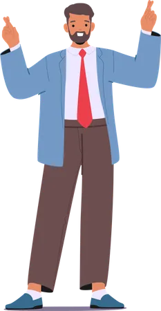 Selbstbewusster Geschäftsmann mit gekreuzten Fingern, blauem Blazer und roter Krawatte in positiver Pose  Illustration