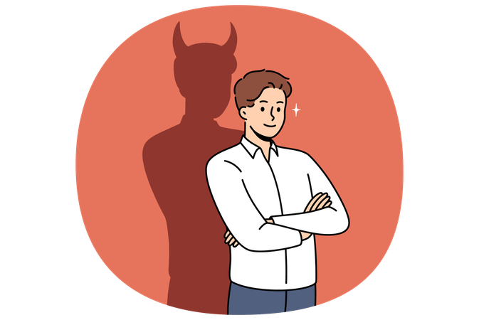 Selbstbewusster Geschäftsmann mit schlechten Gedanken steht mit verschränkten Armen  Illustration