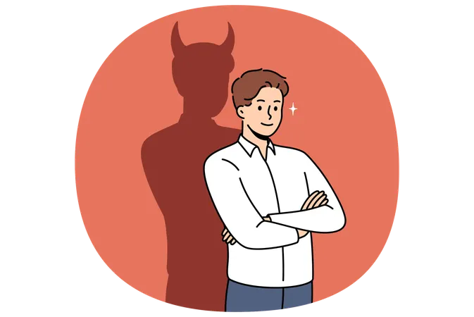 Selbstbewusster Geschäftsmann mit schlechten Gedanken steht mit verschränkten Armen  Illustration