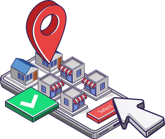Selecionando a localização da loja no aplicativo de mapas  Ilustração