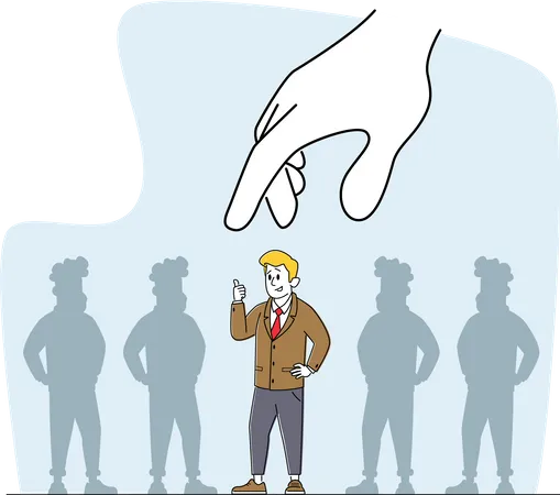 Job Hiring Business Recruitment Concept Huge Hand Choose Businessman Character Stand Out Of Crowd Search New Talent Opportunity Choose Employee Head Hunting Employment Linear Vector Illustration 일러스트레이션