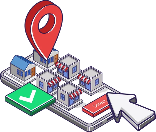 Selecting store location in map app  Illustration