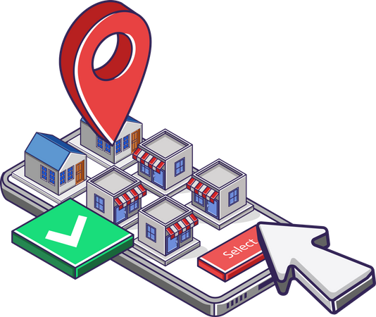 Sélection de l'emplacement du magasin dans l'application cartographique  Illustration