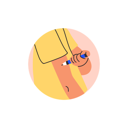 Self-administers insulin injection into shoulder with syringe  Illustration