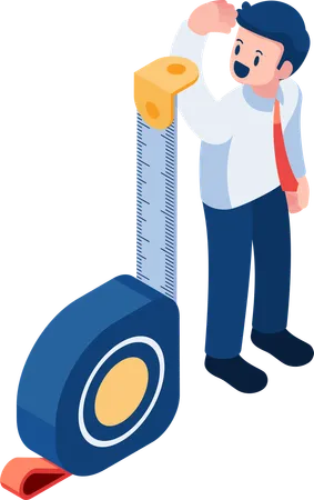 Flat 3 D Isometric Businessman Measure Himself By Measuring Tape Self Assessment Concept Illustration